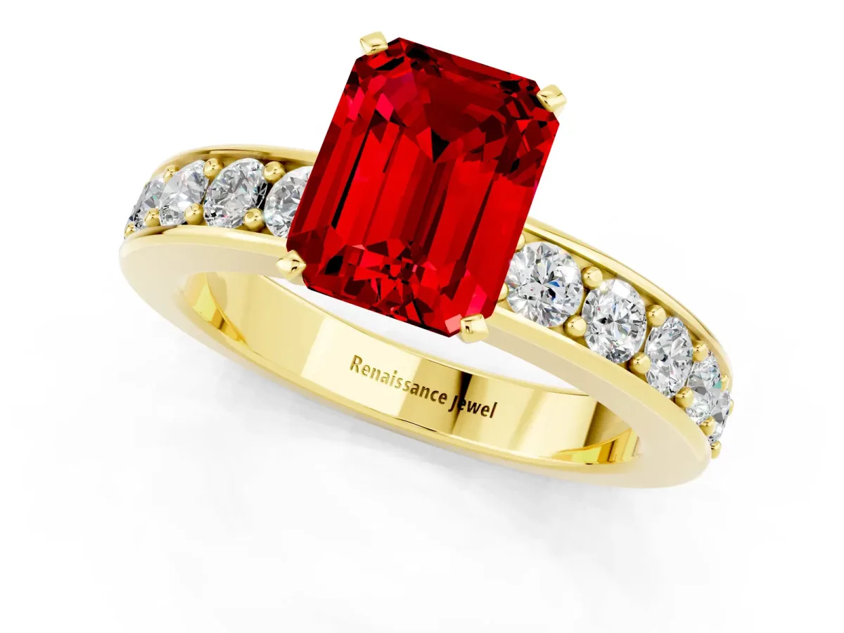 Emerald Cut Ruby Engagement Ring with Channel Set Round Band and Prong Setting Yellow gold