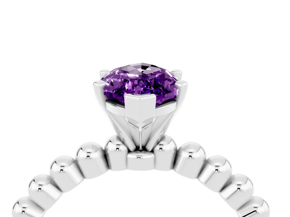 Marquise Cut Amethyst Solitaire Ring with Beaded Band and Prong Setting Platinum