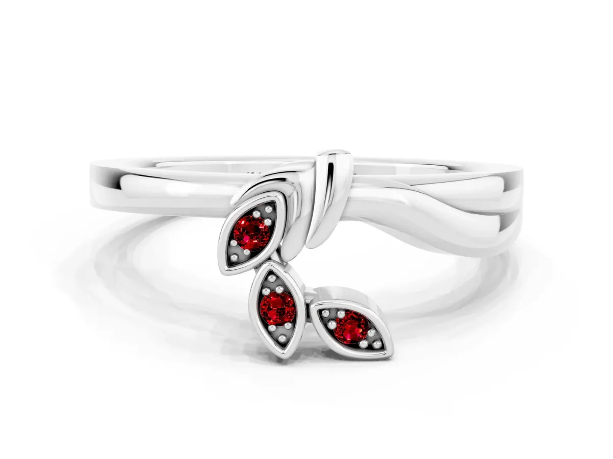 Three-Stone Round Ruby Leaf Bypass Ring with Bezel Setting Silver