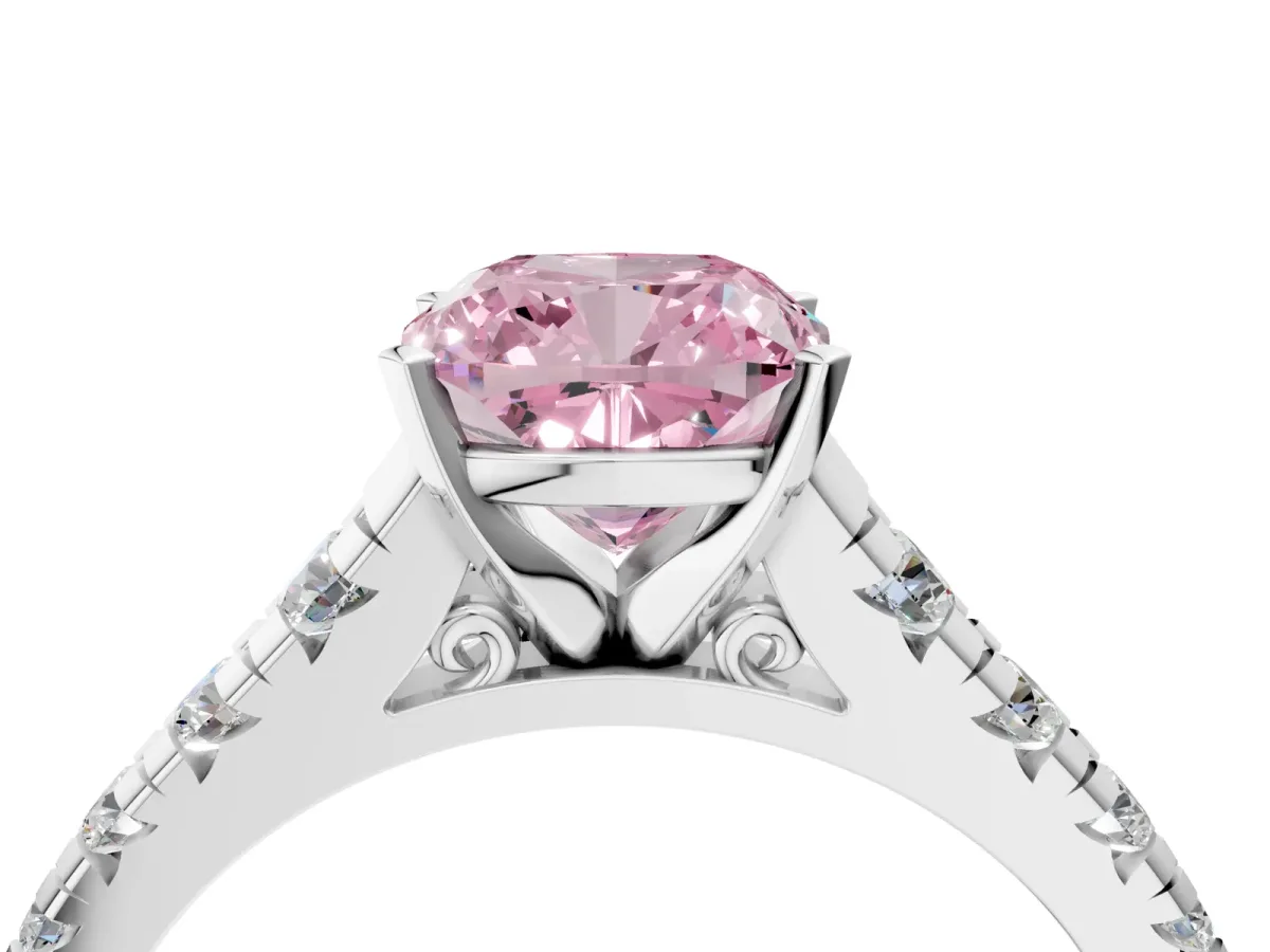 Fancy Pink Cushion Cut Diamond Cathedral Solitaire Ring with Round Pavé Band Silver
