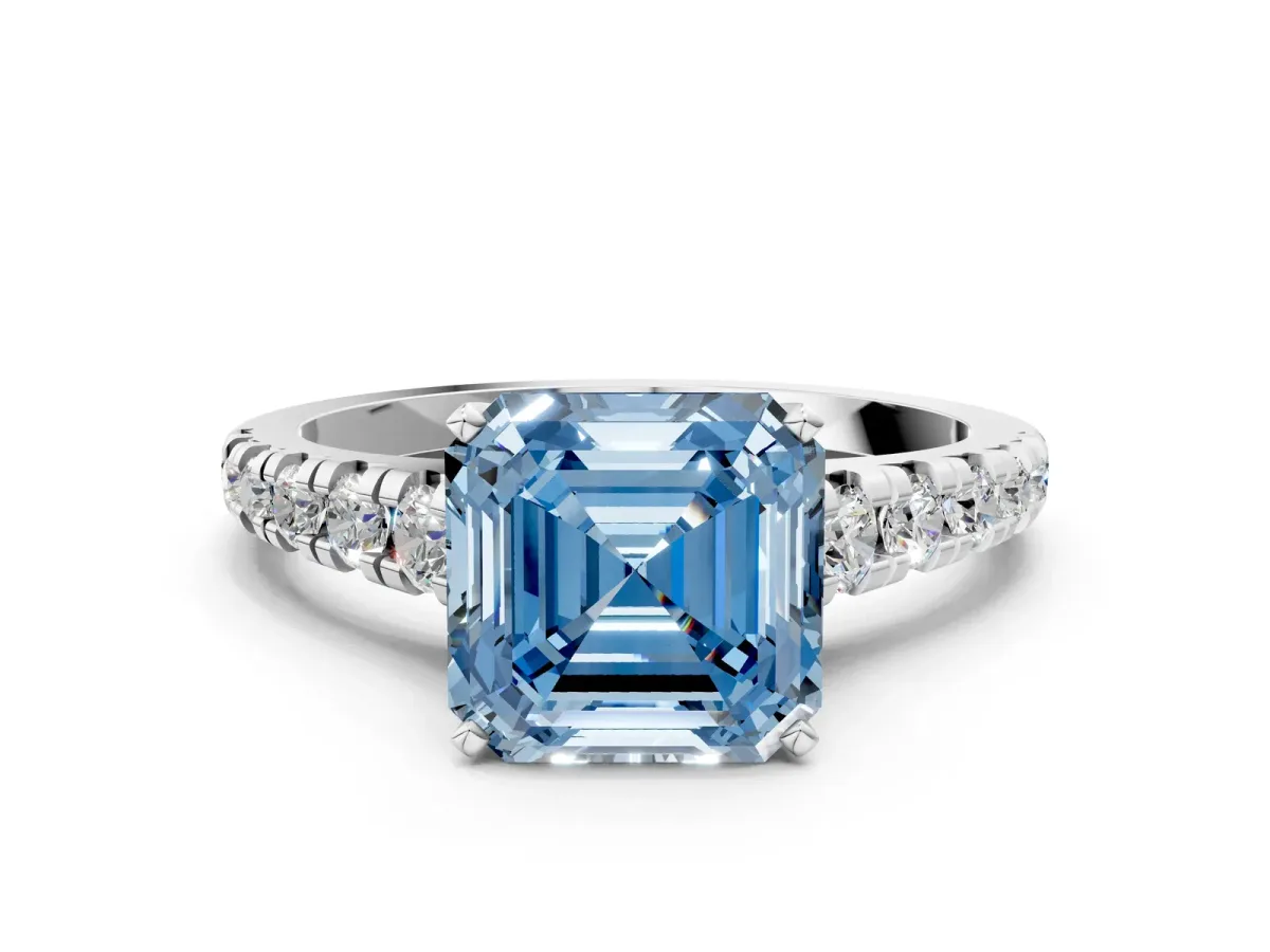 Fancy Blue Asscher Cut Diamond Cathedral Solitaire Ring with Round Pavé Band Platinum