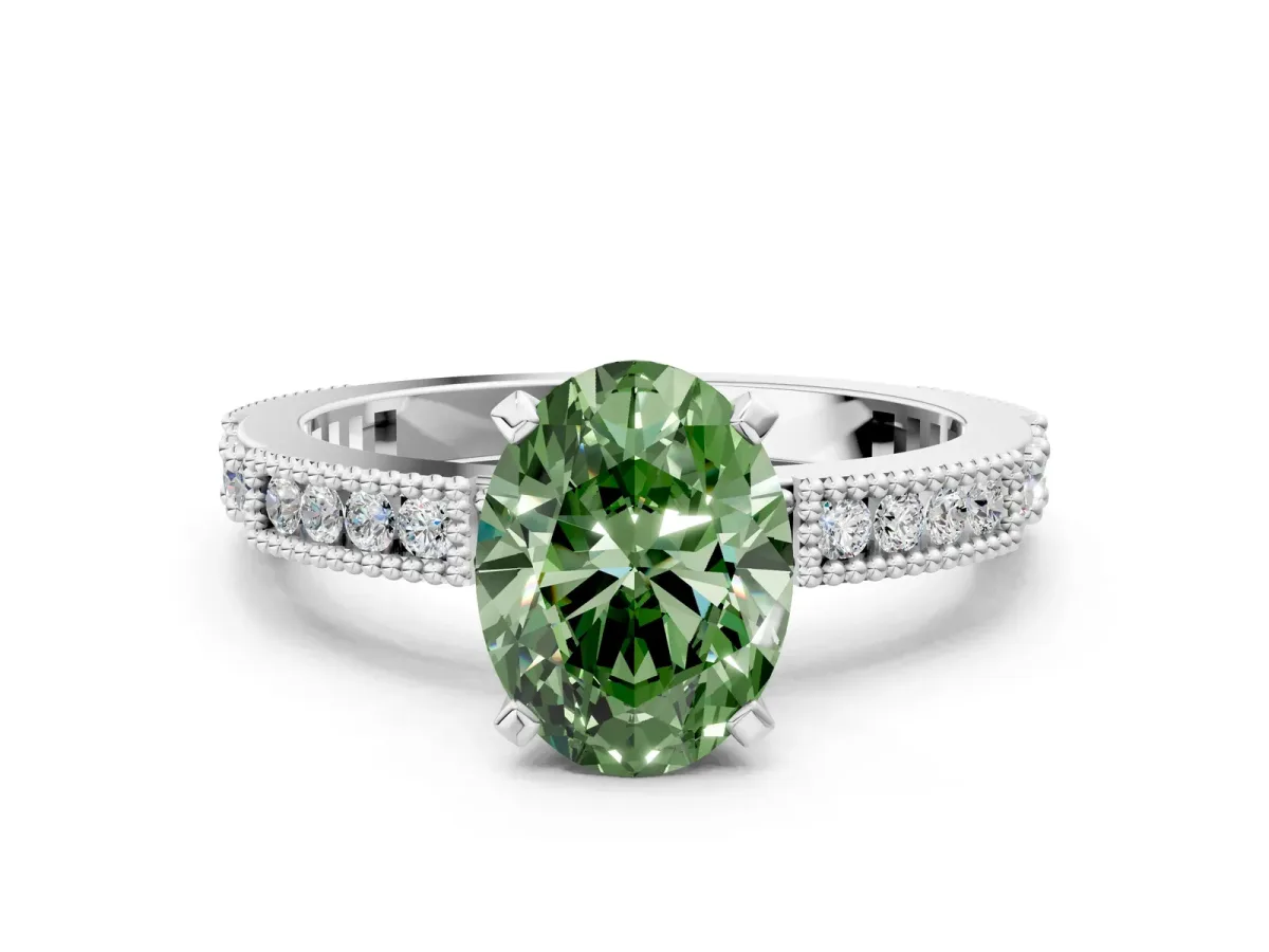 Fancy Green Oval Cut Solitaire with Pavé Band and Four-Prong Setting Platinum