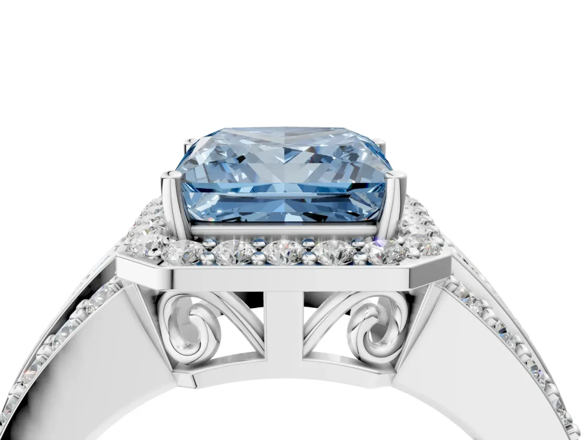 Fancy Blue Princess Cut Halo Diamond Ring with Round Split Shank and Prong Setting Silver