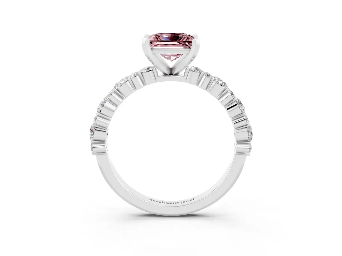 Princess Cut Morganite Side Stone Solitaire Ring with Round and Four-Prong Setting Platinum