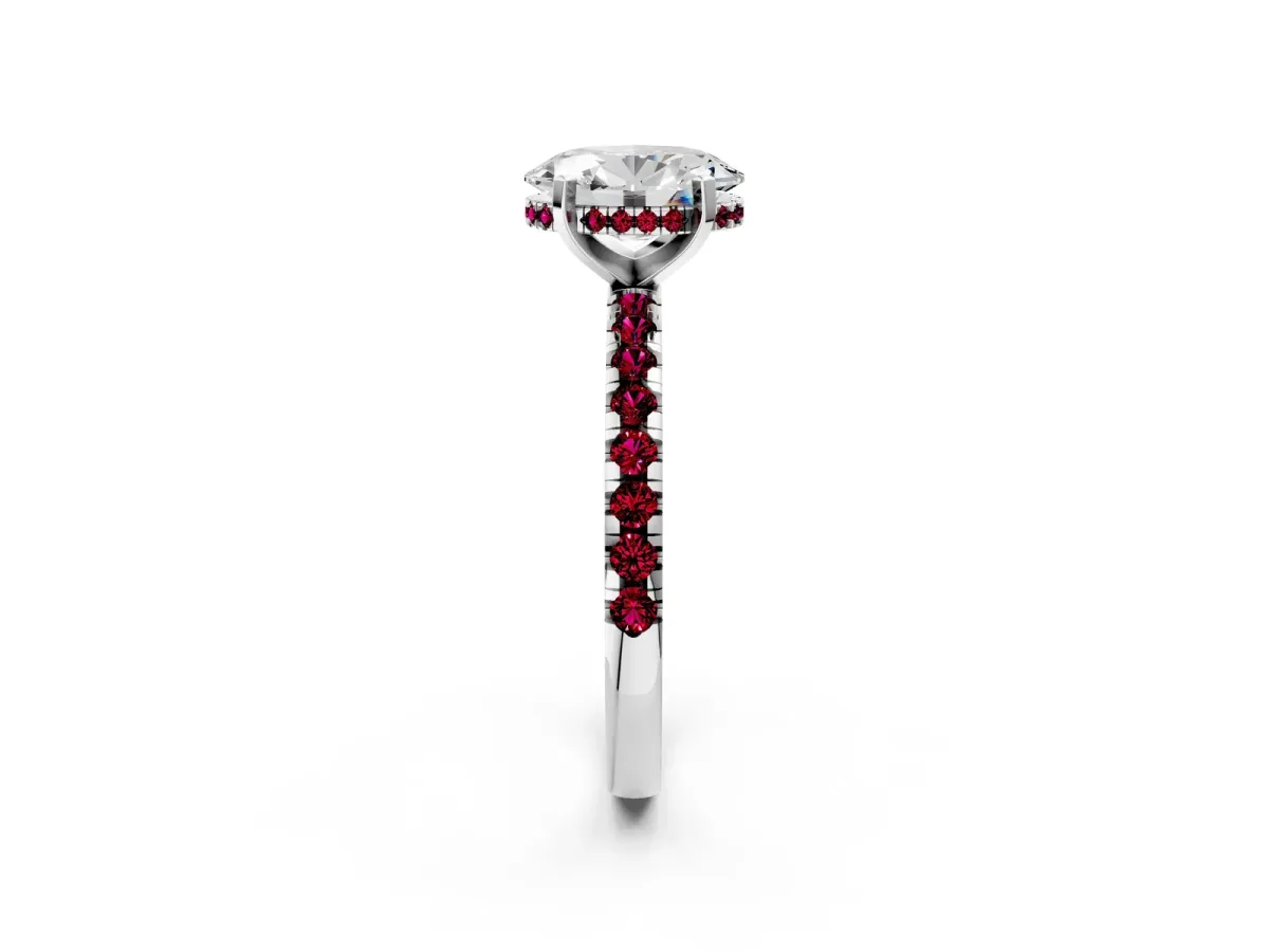 Oval Cut Diamond Solitaire Ring with Round Garnet Pavé Band and Four-Prong Setting Silver
