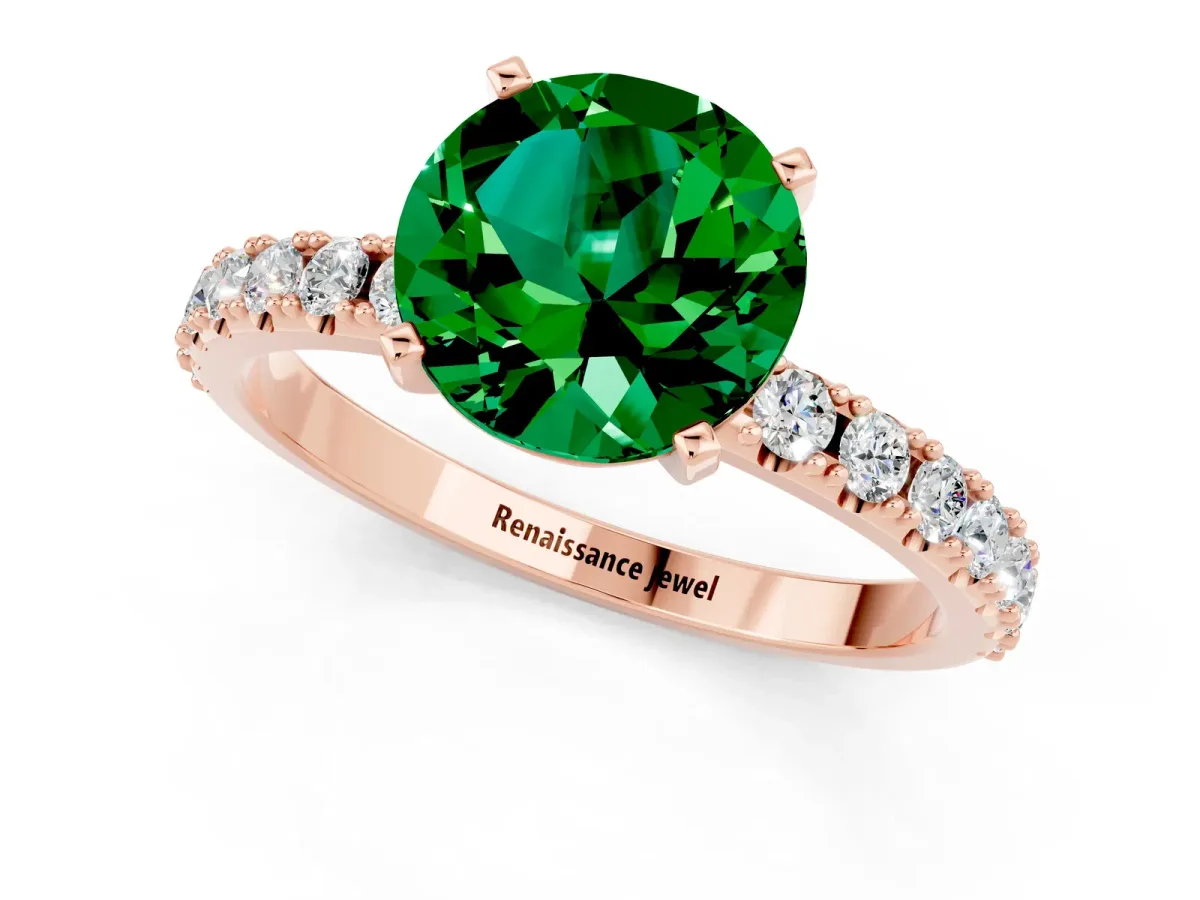 Round Cut Emerald Solitaire Pavé Band with Four-Prong Setting Rose gold