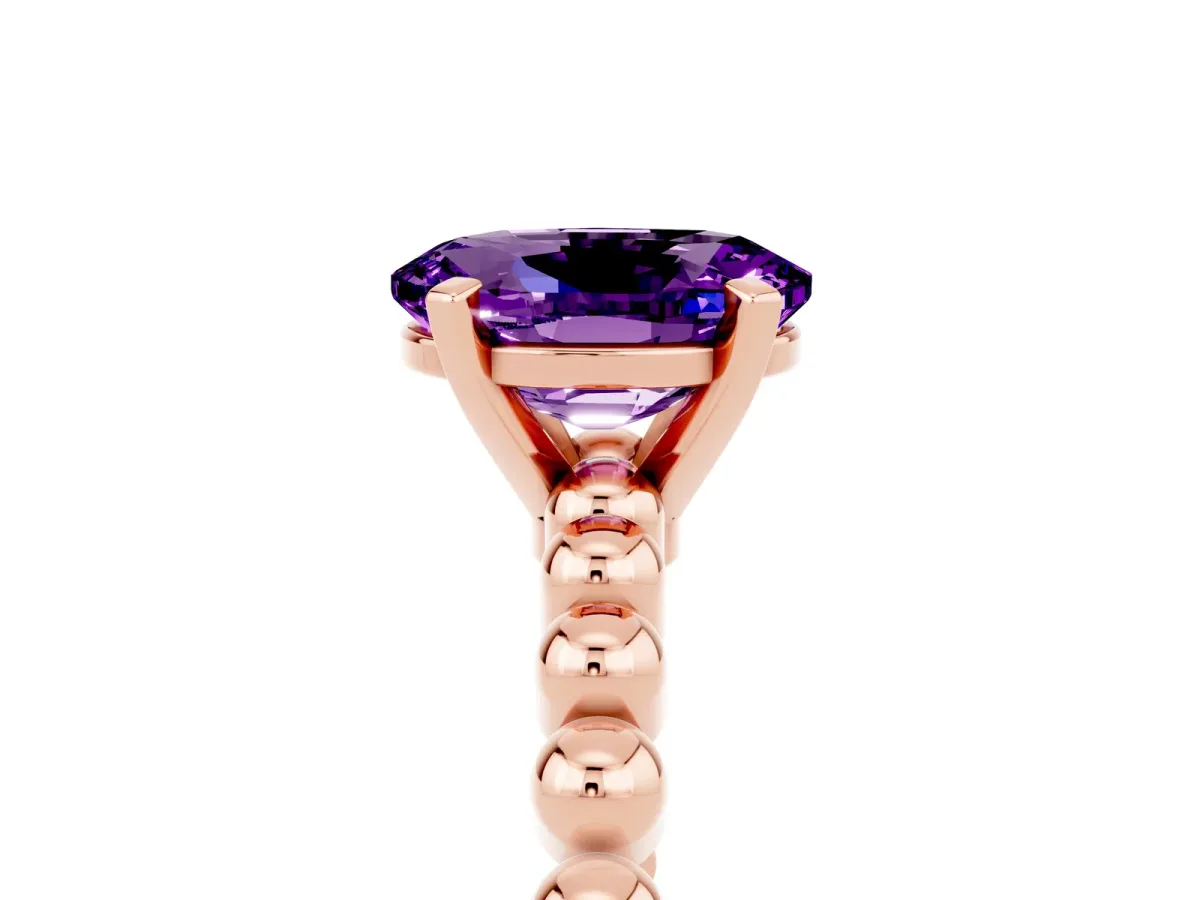 Oval Cut Amethyst Solitaire Ring with Beaded Band and Prong Setting Rose gold