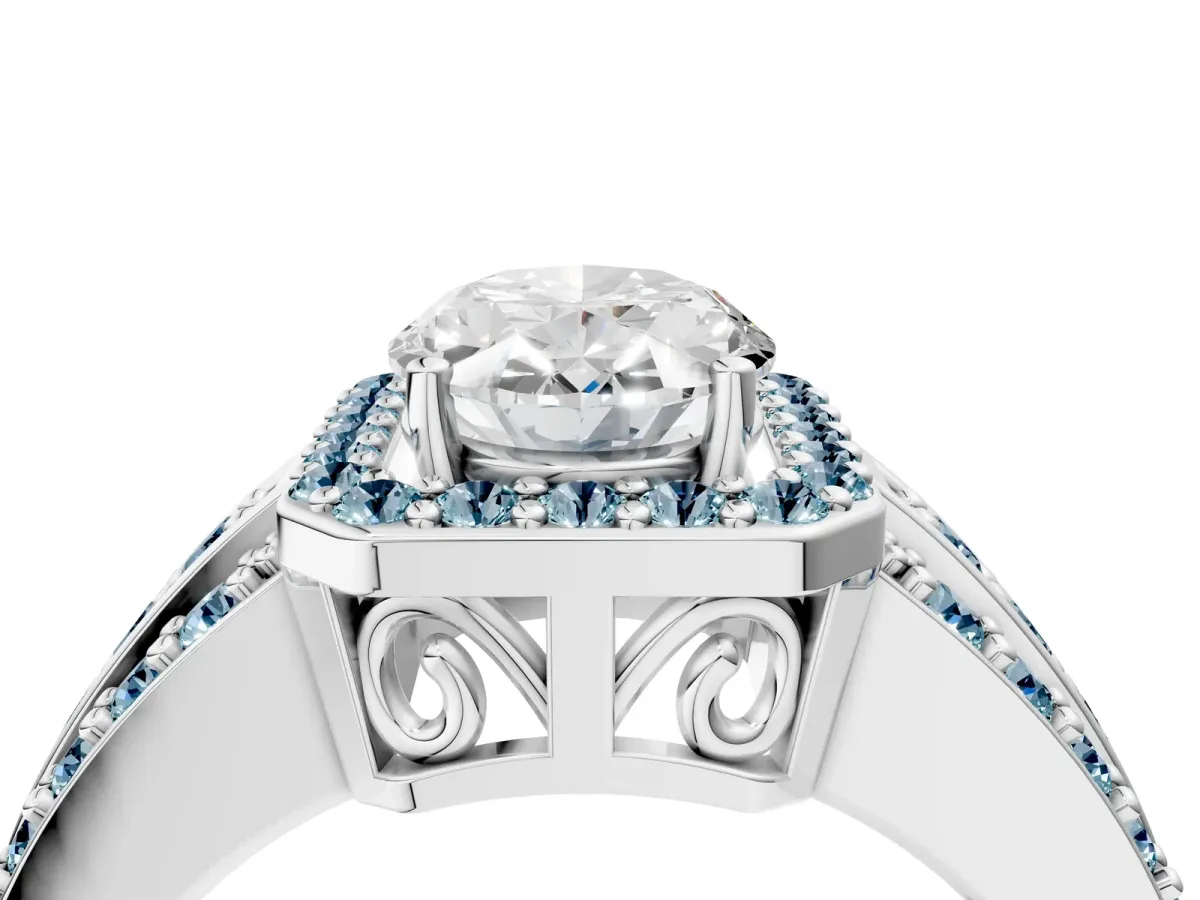 Oval Cut Halo Diamond Ring with Round Aquamarine Split Shank and Prong Setting Silver