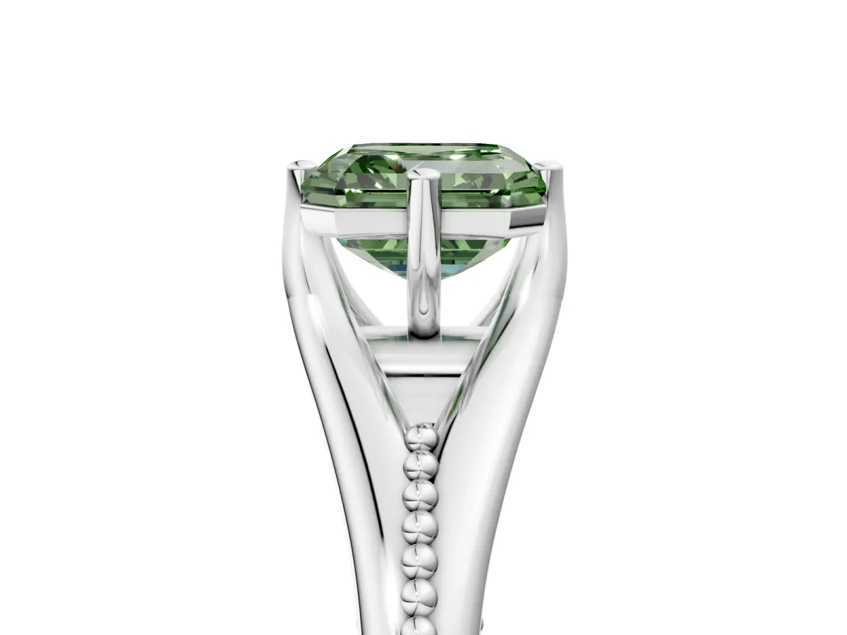 Fancy Green Asscher Cut Solitaire Beaded Band Six-Prong Setting Platinum