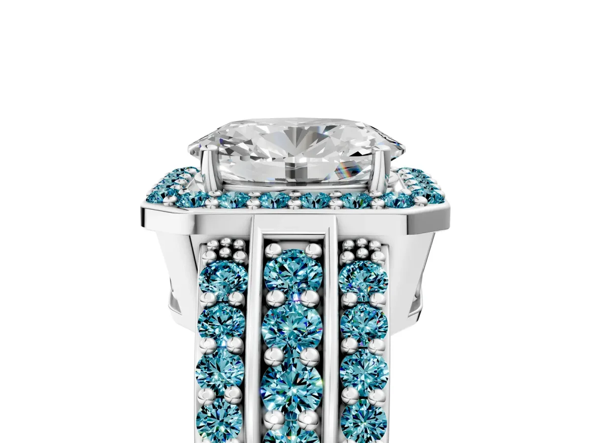 Oval Cut Halo Diamond Ring with Round Blue Topaz Split Shank and Prong Setting Silver