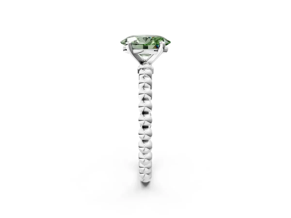 Fancy Green Oval Cut Diamond Solitaire Ring with Beaded Band and Prong Setting Silver
