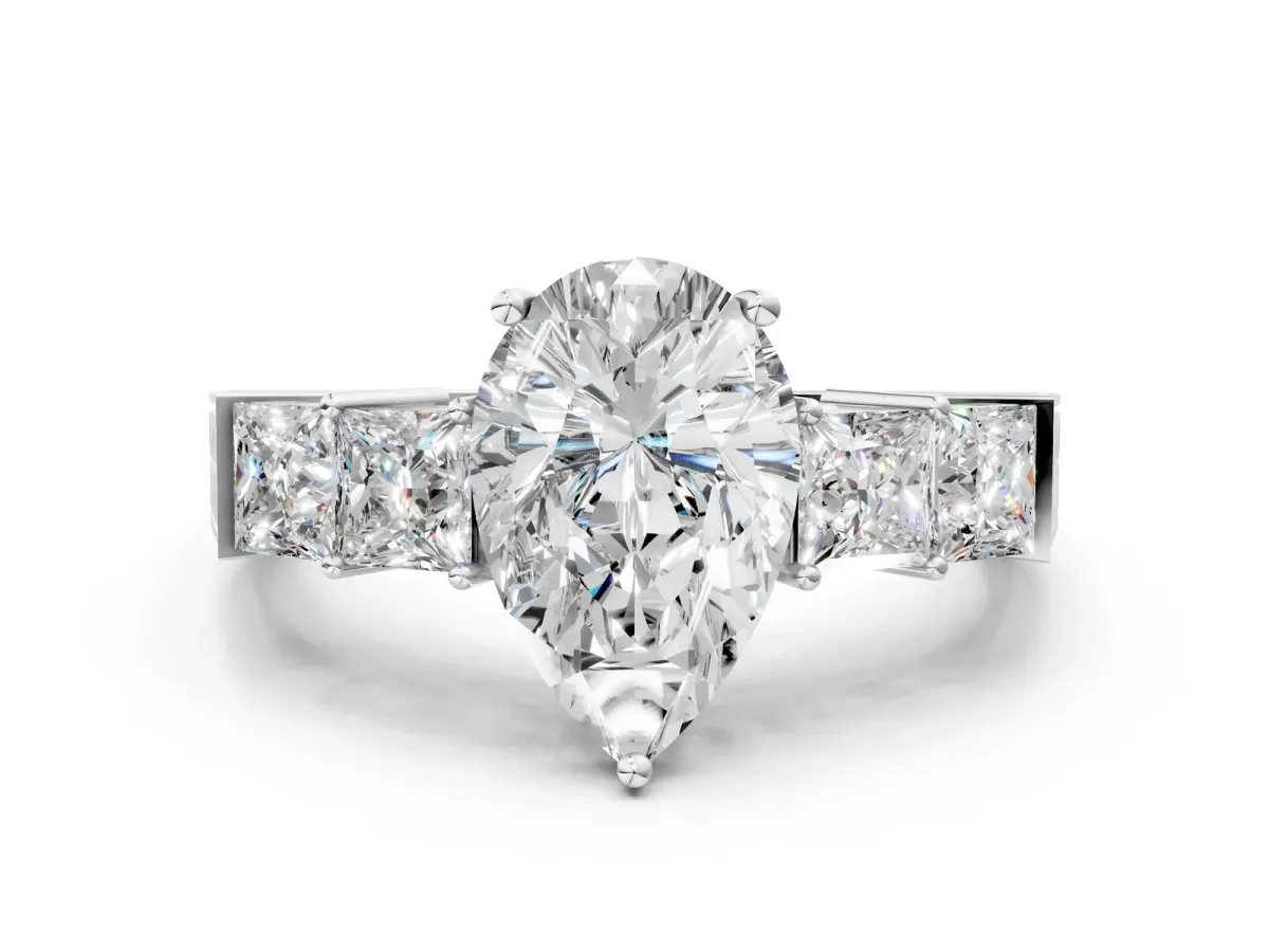 Pear Cut Solitaire Princess Side Stone Engraved Band Prong Setting Ring Silver