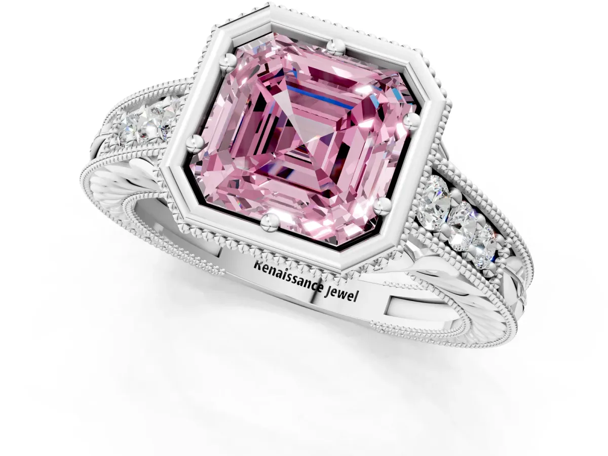 Fancy Pink Bezel Set Asscher Cut Diamond Milgrain Pave Engagement Ring Platinum