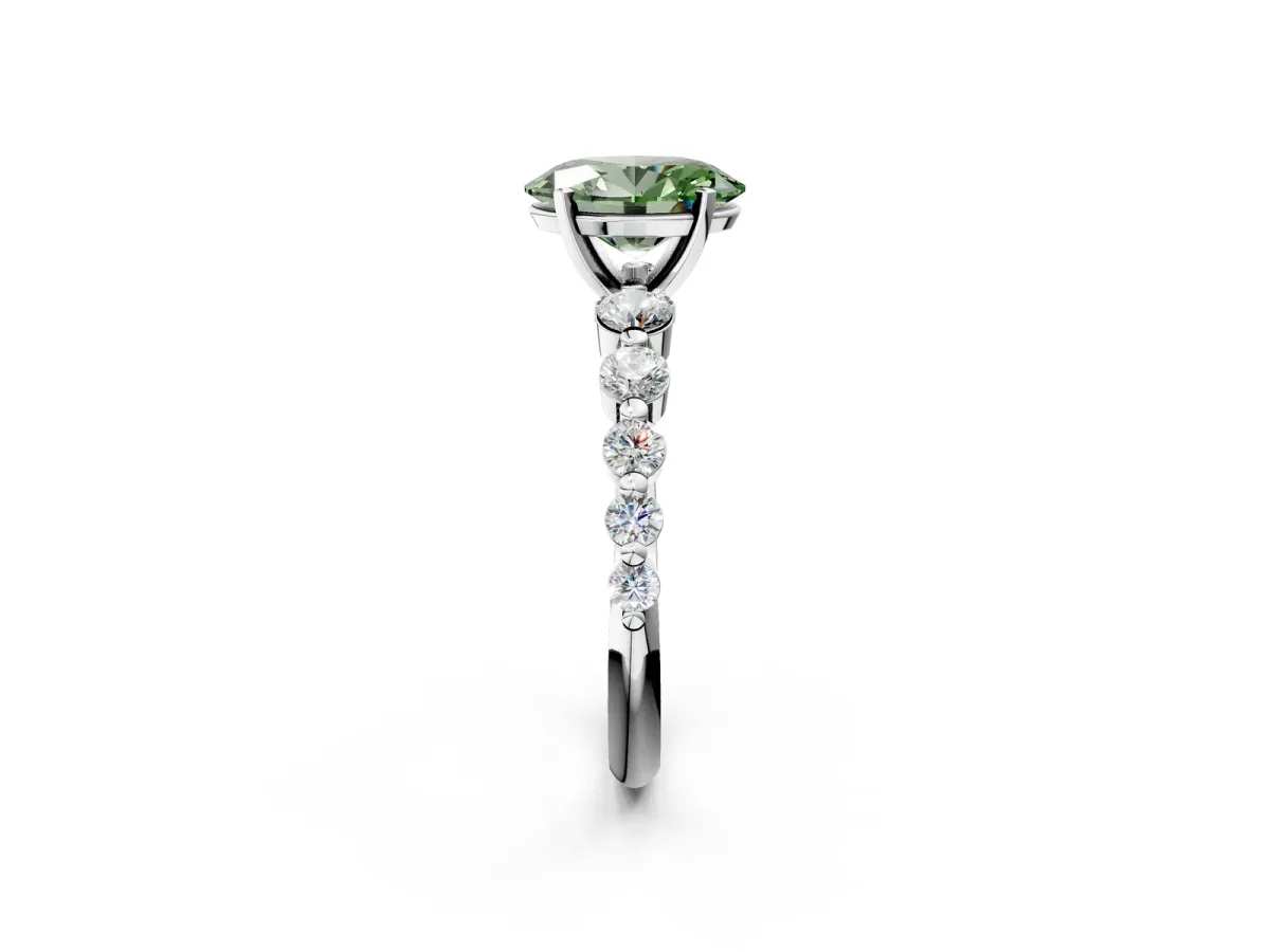 Fancy Green Oval Cut Solitaire Diamond Ring with Pave Band and Four-Prong Setting Silver