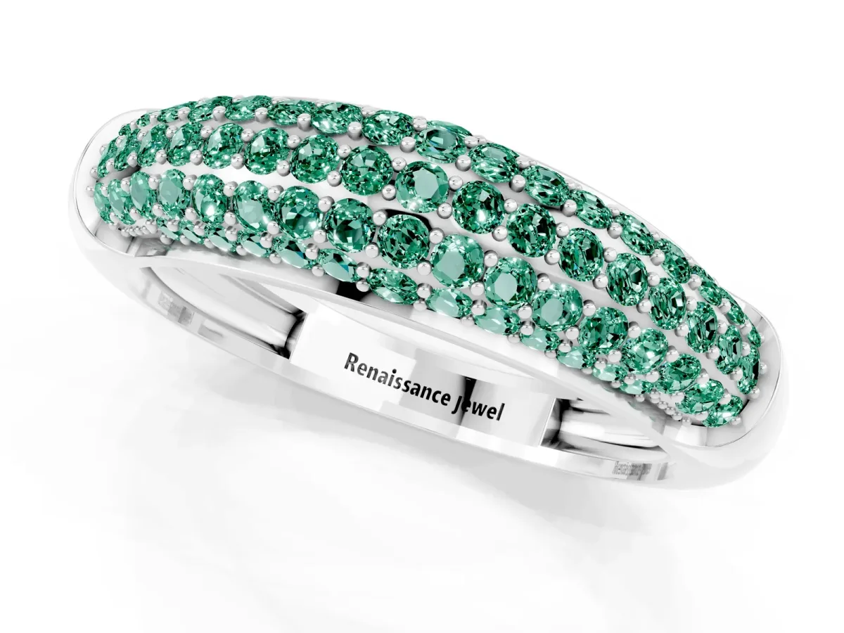 Three-Row Pavé Round Green Sapphire Dome Band White gold