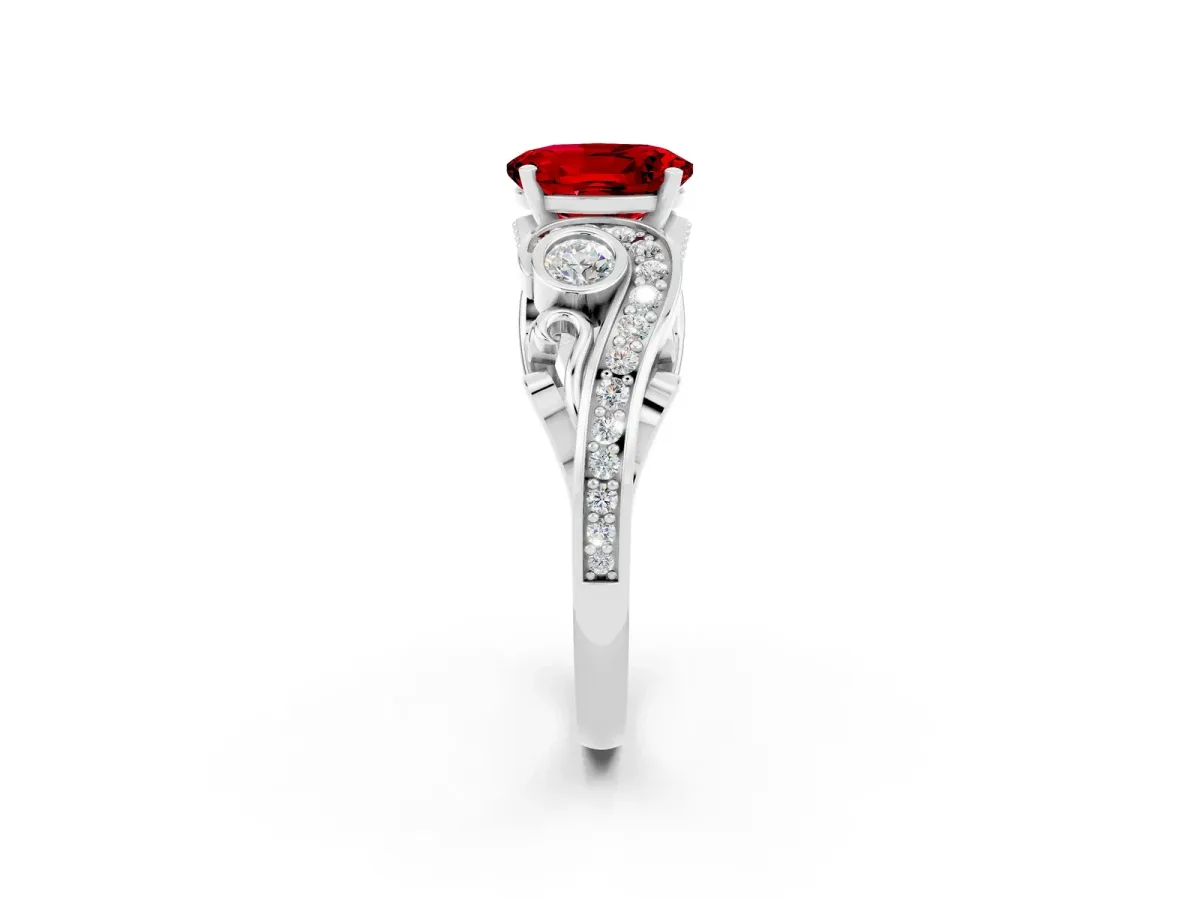 Oval Cut Ruby Solitaire Ring with Milgrain Pavé Band and Four-Prong Setting Platinum
