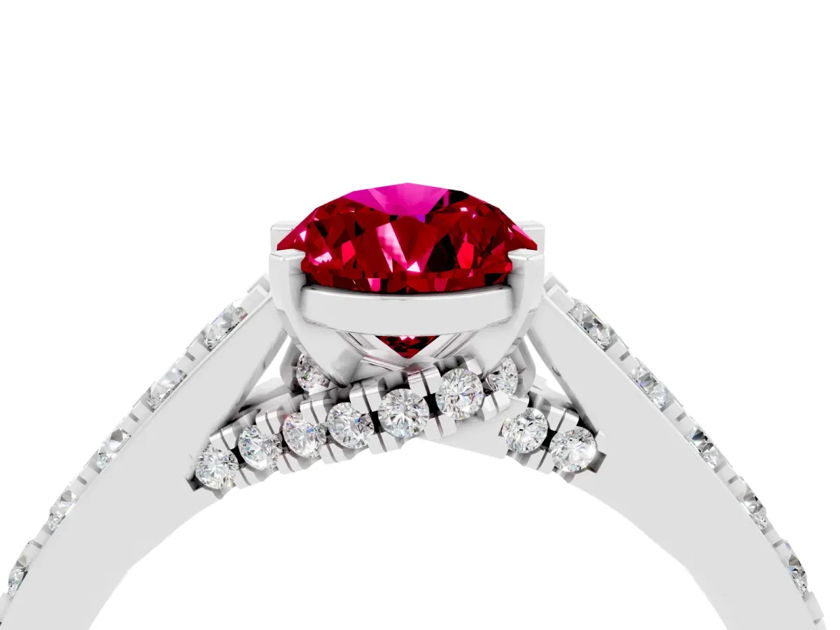 Pear Cut Garnet Solitaire Ring with Crossover Gallery and Round Pavé Band Silver