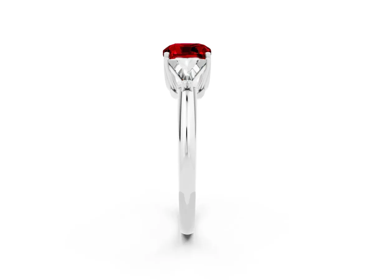 Three-Stone Cushion Cut Ruby Engagement Ring with Trillion Side Stones and Prong Setting White gold