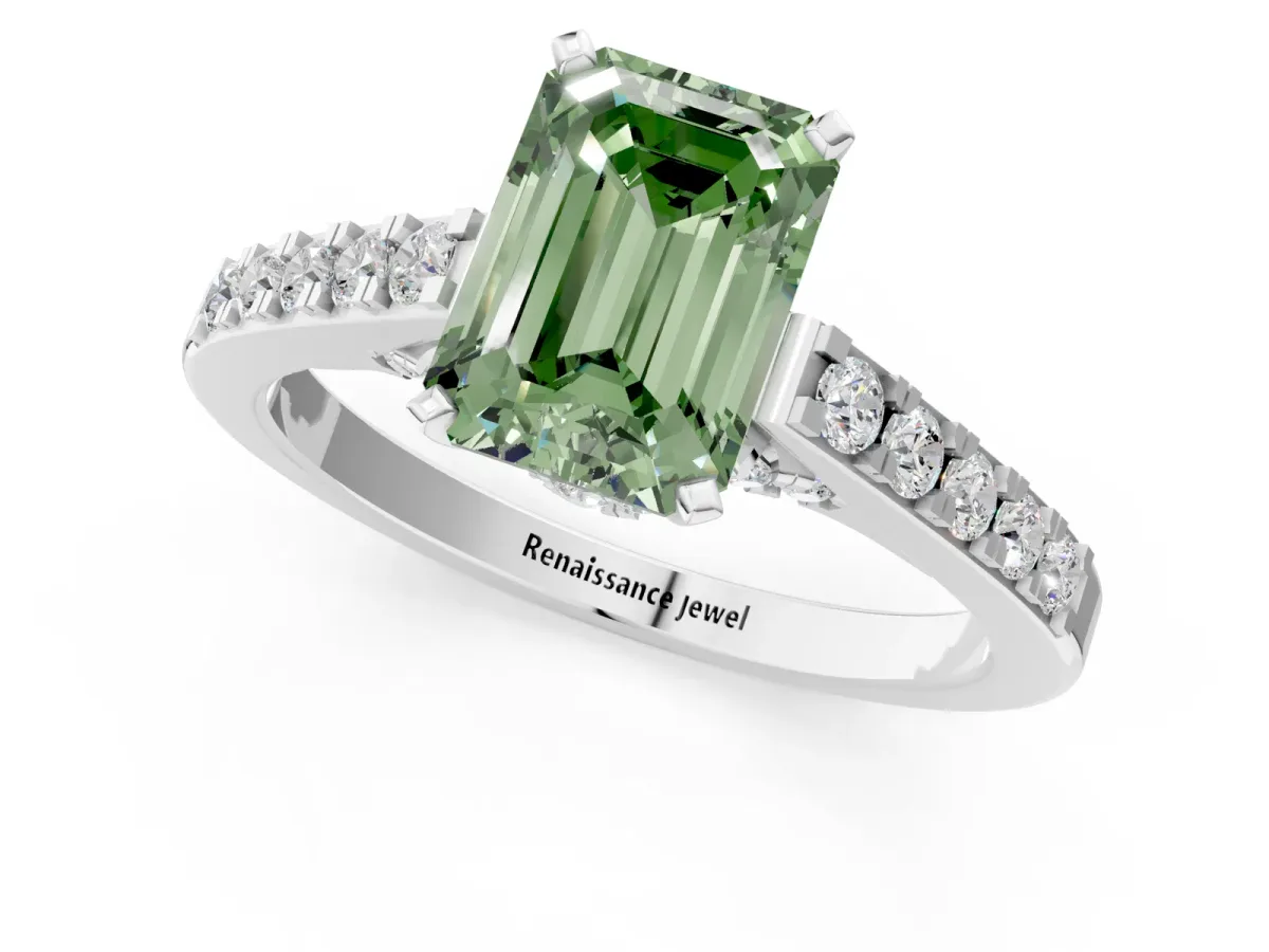Fancy Green Emerald Cut Diamond Solitaire Ring with Crossover Gallery and Round Pavé Band Silver