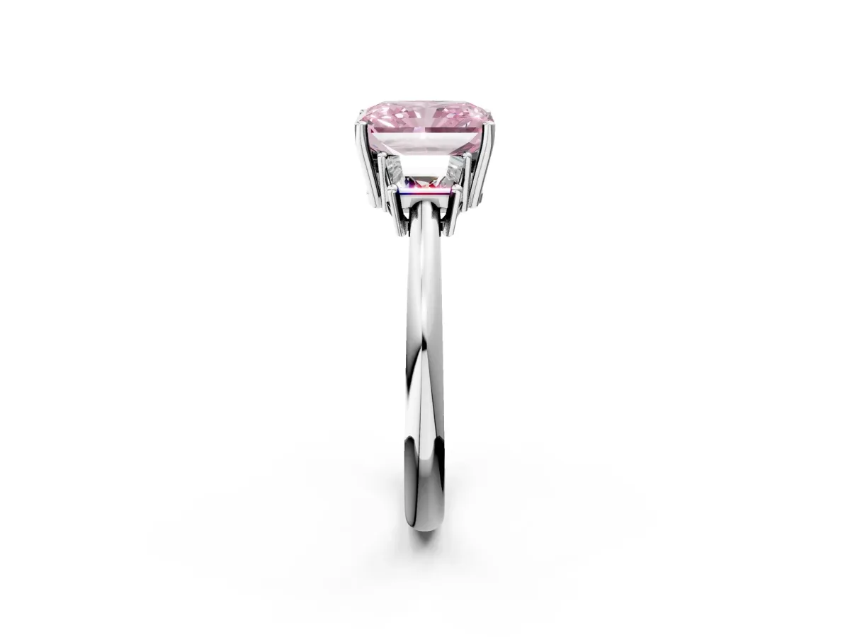 Fancy Pink Radiant Cut Diamond Three-Stone Ring with Trapezoid Side Stones and Prong Setting Silver