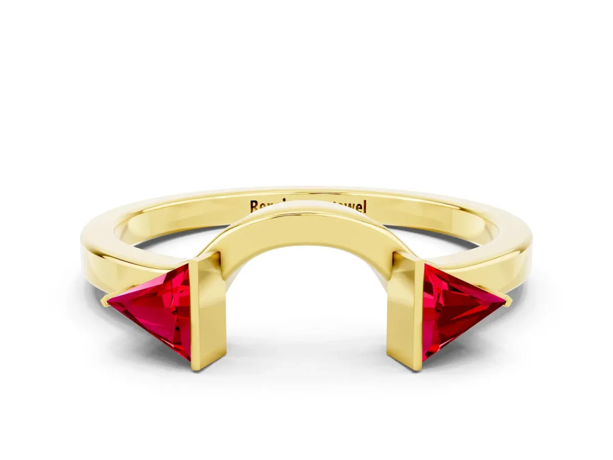 Trillion Ruby Open Band Ring with Bezel Setting Yellow gold