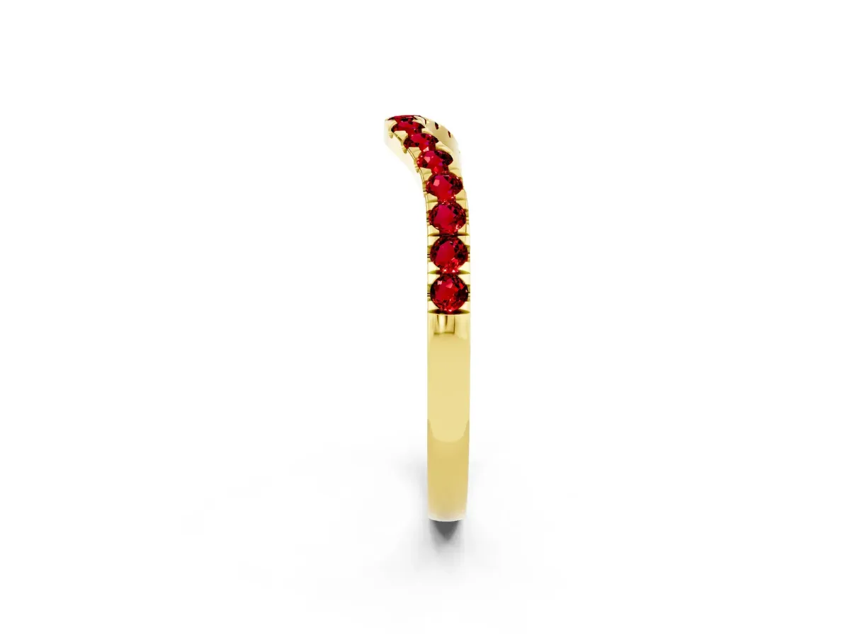 Curved Pavé Round Ruby Wedding Band with Shared Prong Setting Yellow gold