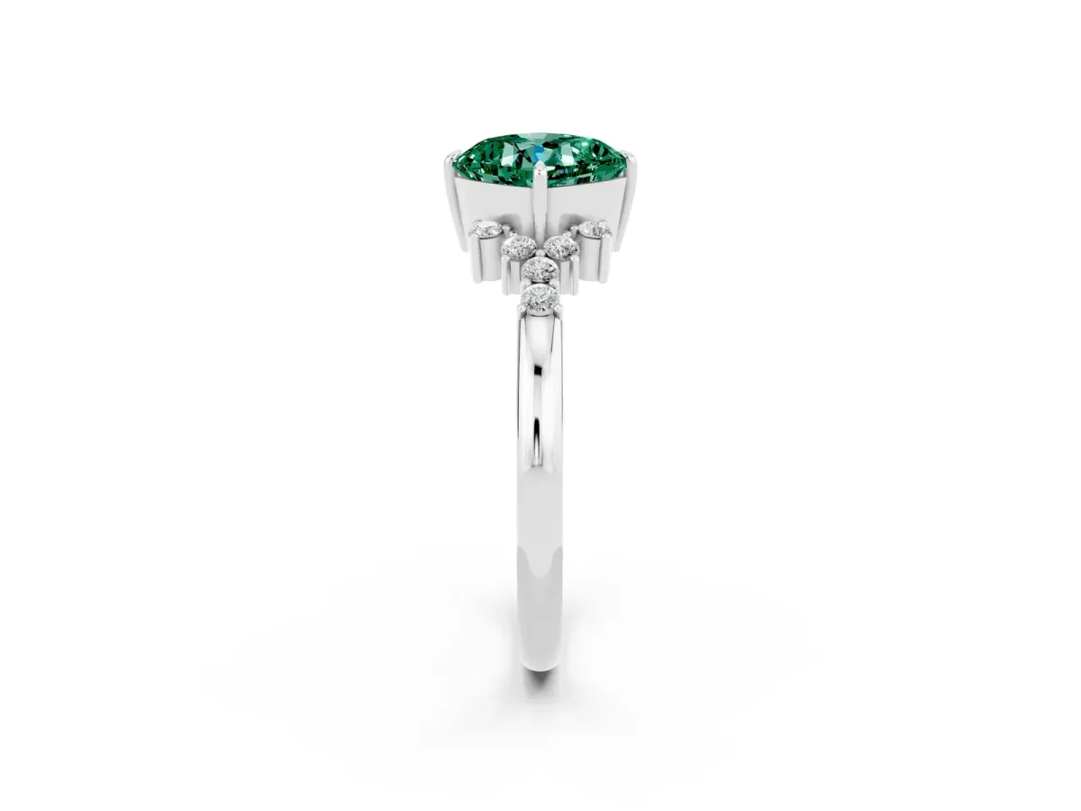 Cushion Cut Green Sapphire Ring with Side Stones and Four-Prong Setting Silver