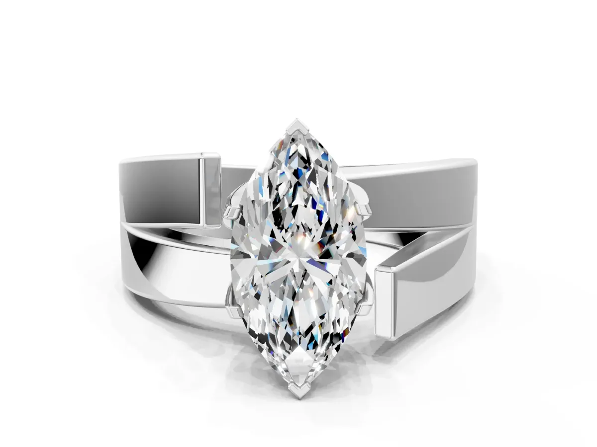 Modern Tension Set Marquise Cut Diamond Solitaire Wide Band Ring Silver