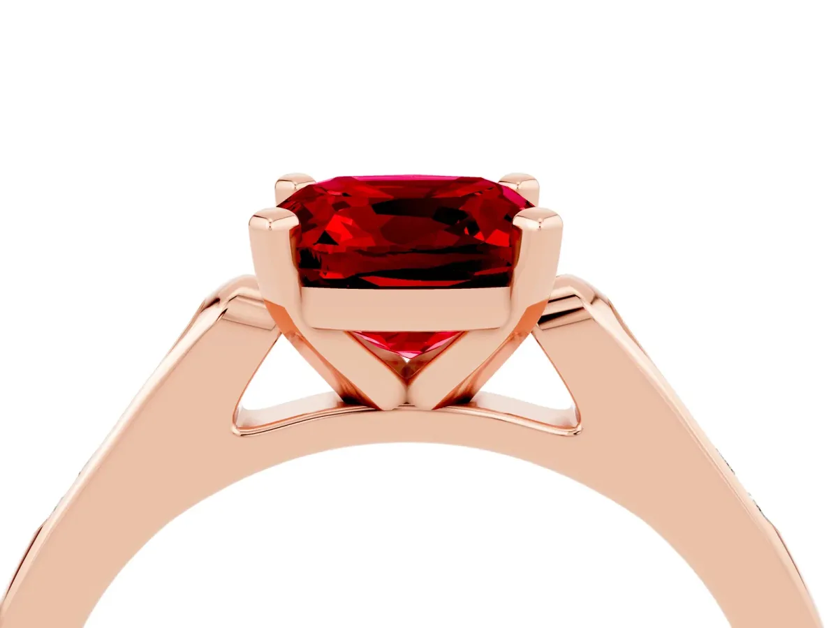 Cushion Cut Ruby Solitaire Ring with Channel Set Round Band and Prong Setting Rose gold