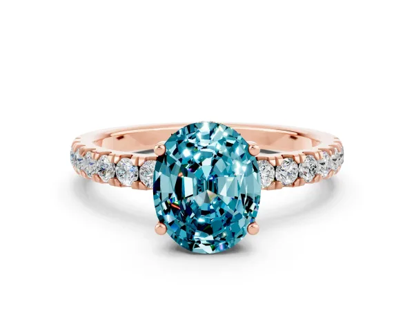 Oval Cut Blue Topaz Pave Band Solitaire Ring with Round and Prong Setting Rose gold