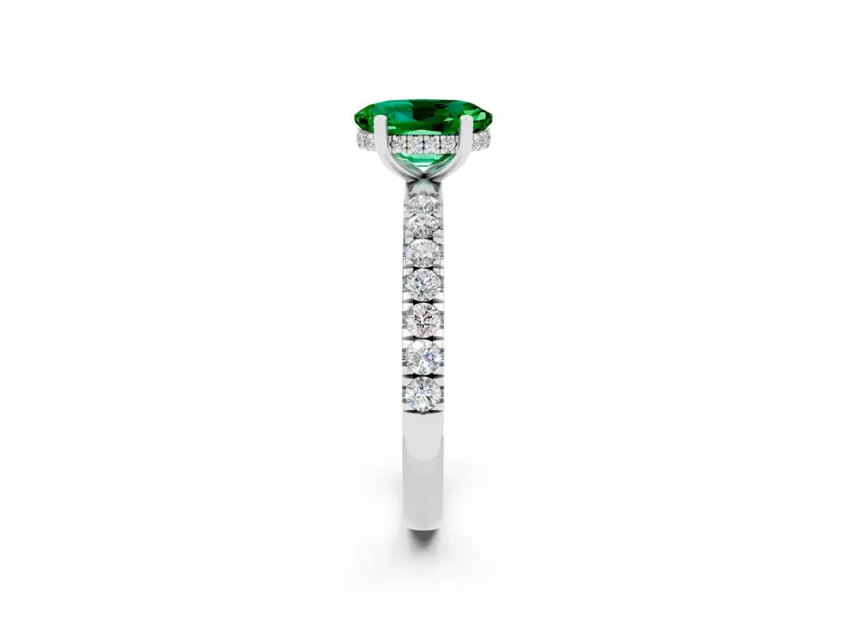 Oval Cut Emerald Pave Band Solitaire Ring with Round and Prong Setting Platinum