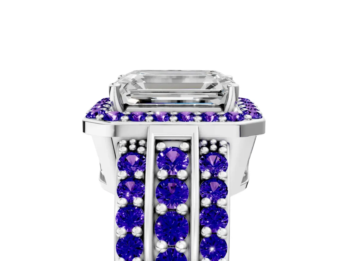 Emerald Cut Halo Diamond Ring with Round Tanzanite Split Shank and Prong Setting Platinum