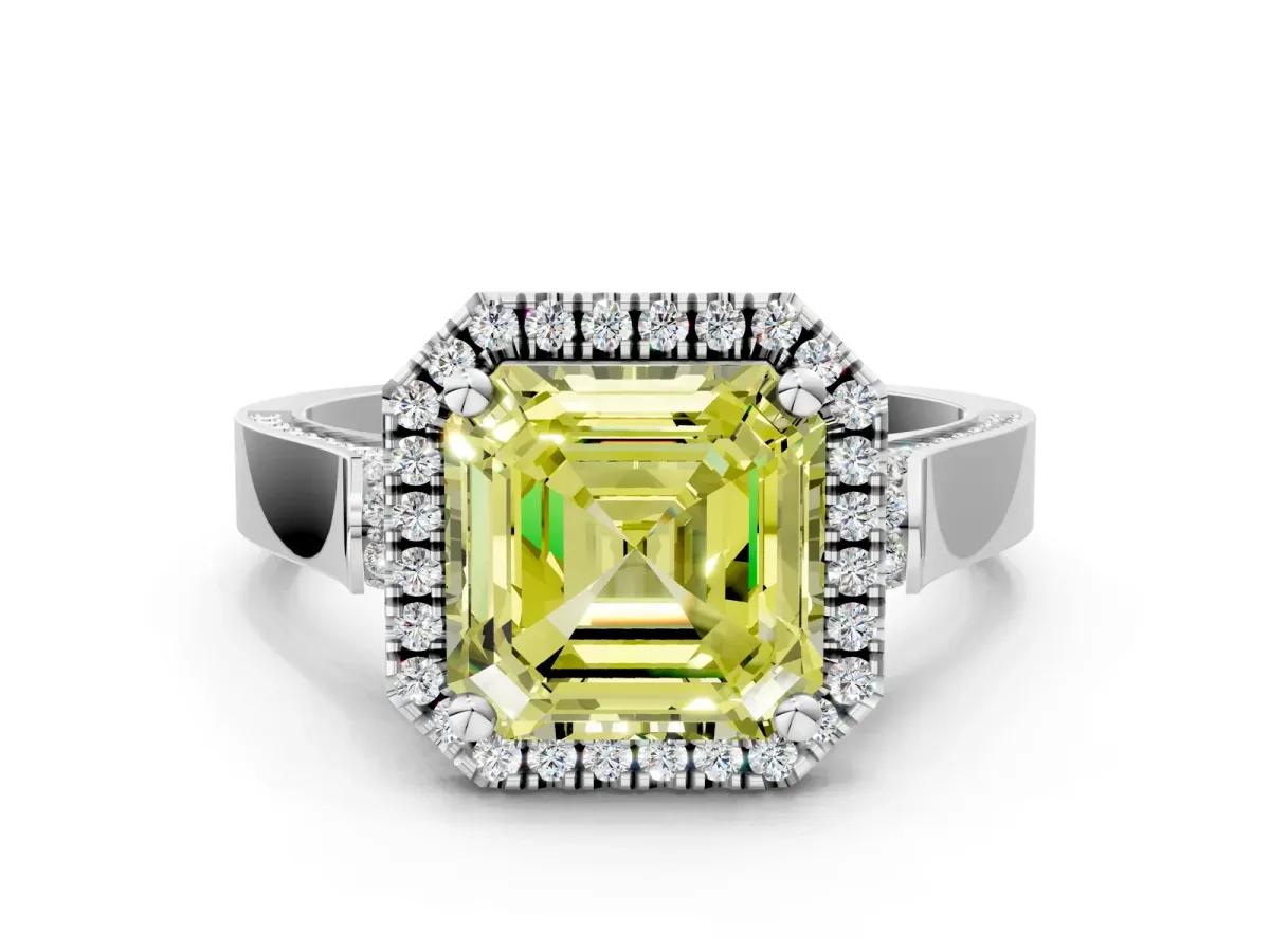 Fancy Yellow Asscher Cut Halo Pave Split Shank Prong Setting Ring Platinum