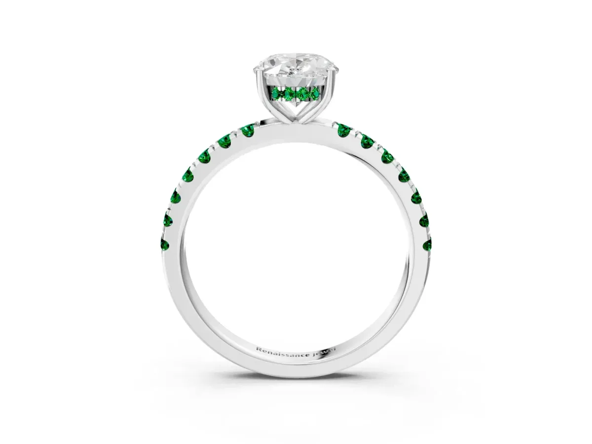 Oval Cut Diamond Pave Band Solitaire Ring with Round Emerald and Prong Setting Silver