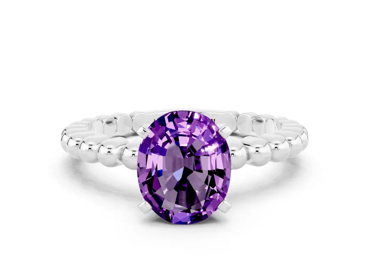 Oval Cut Amethyst Solitaire Ring with Beaded Band and Prong Setting Silver