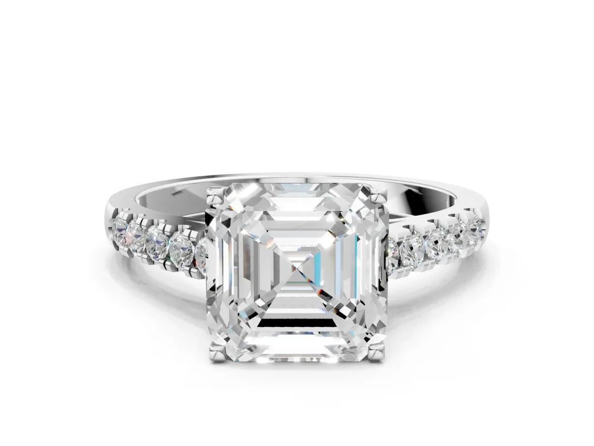 Asscher Cut Diamond Pavé Band Solitaire Ring with Prong Setting Platinum