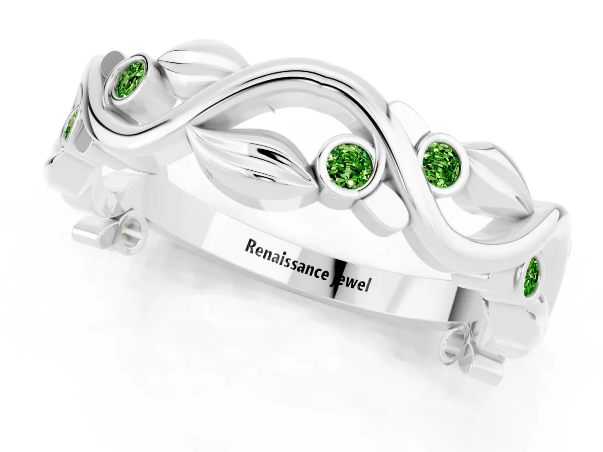 Round Peridot Leaf Eternity Band with Bezel Setting White gold