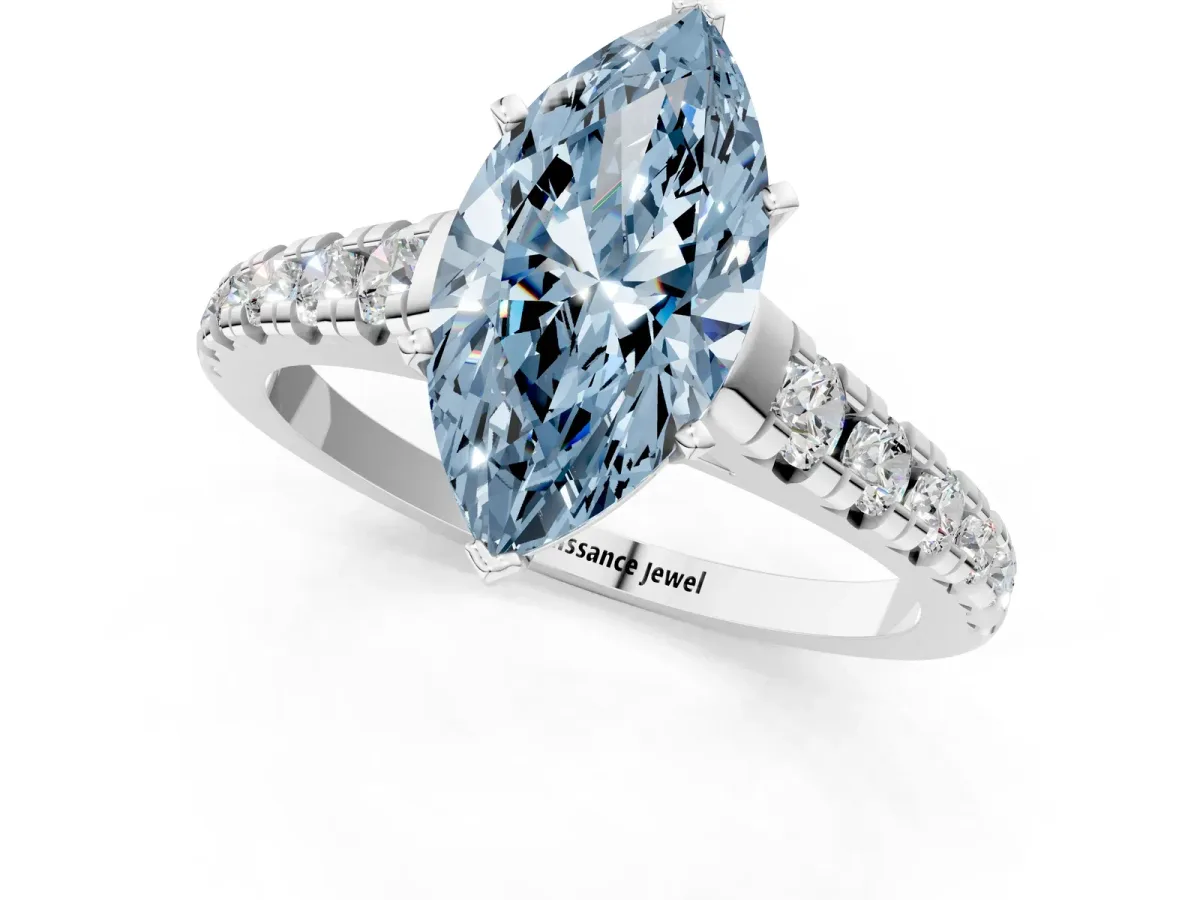 Fancy Blue Marquise Cut Diamond Cathedral Solitaire Ring with Round Pavé Band Silver