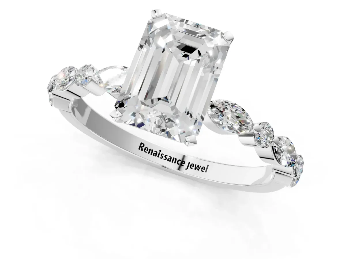 Emerald Cut Diamond Ring with Marquise and Round Side Stones and Four-Prong Setting Silver