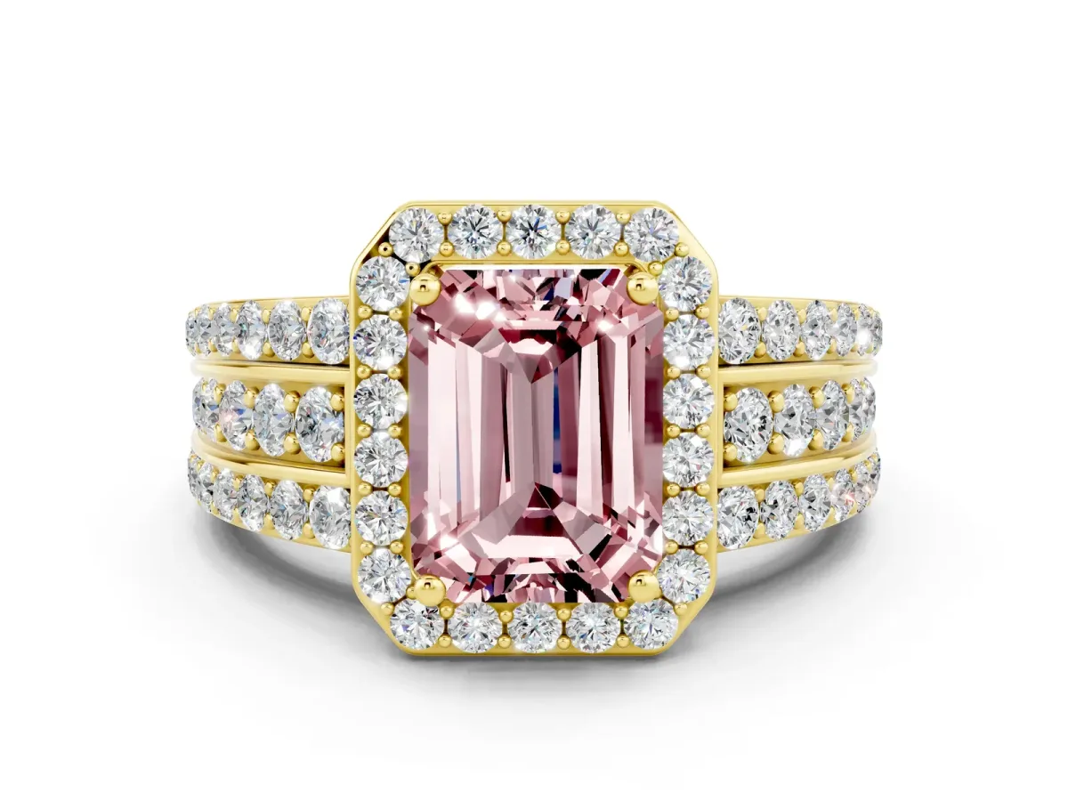 Emerald Cut Halo Morganite Ring with Round Split Shank and Prong Setting Yellow gold