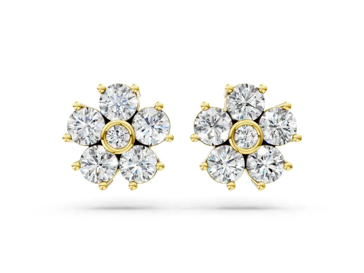 Round Diamond Flower Stud Earrings with Diamond Accent Yellow gold