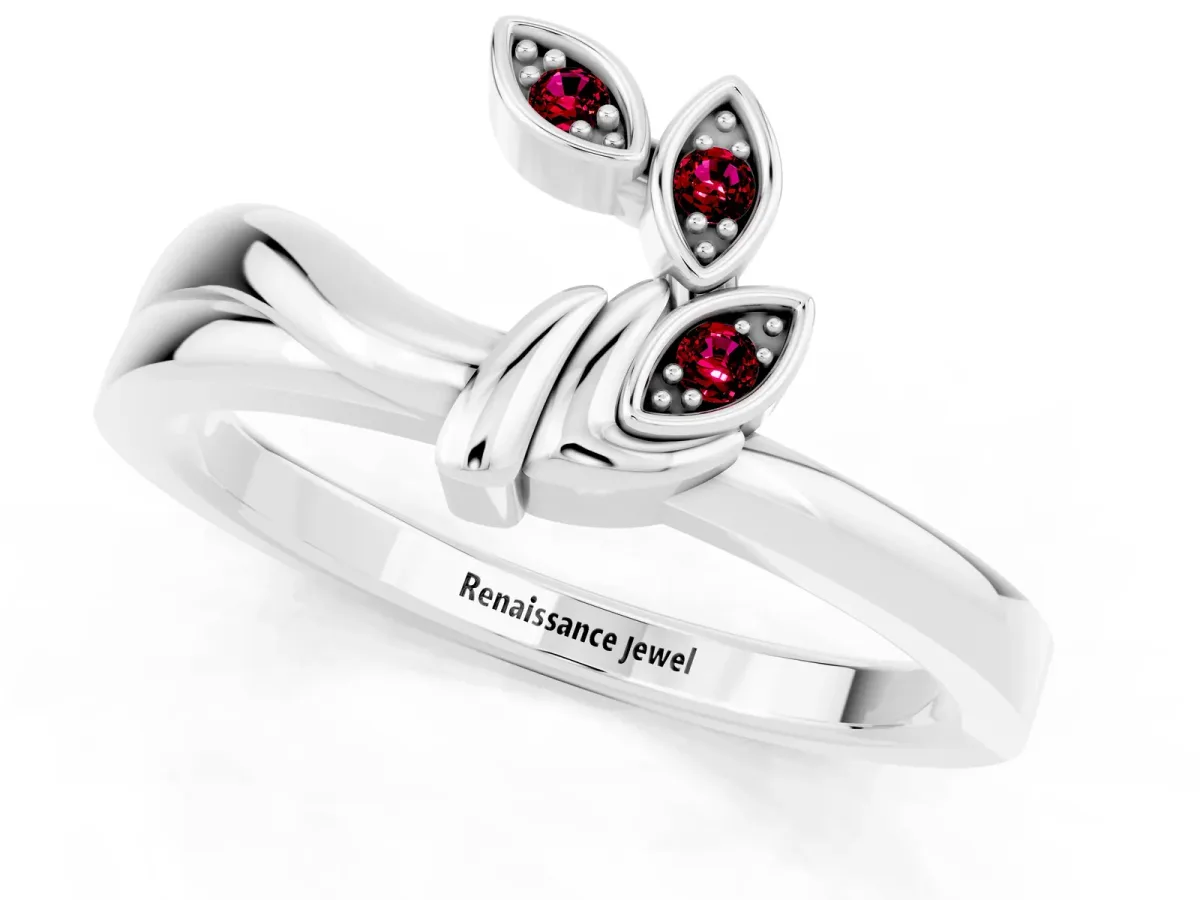 Three-Stone Round Garnet Leaf Bypass Ring with Bezel Setting Platinum