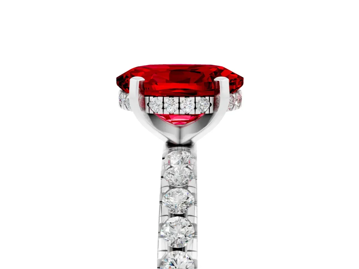 Oval Cut Ruby Solitaire Ring with Round Pavé Band and Four-Prong Setting Silver