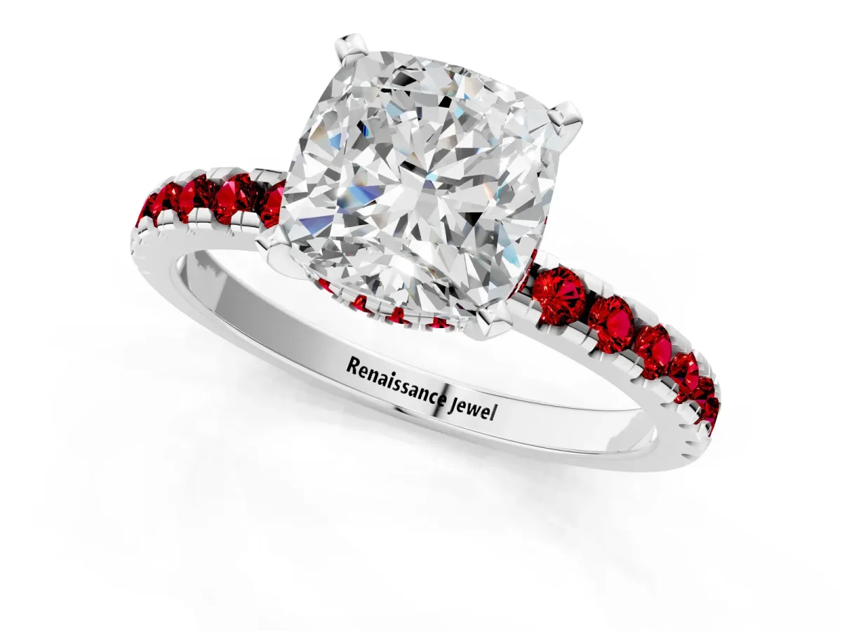Cushion Cut Diamond Solitaire Ring with Round Ruby Pavé Band and Four-Prong Setting Silver