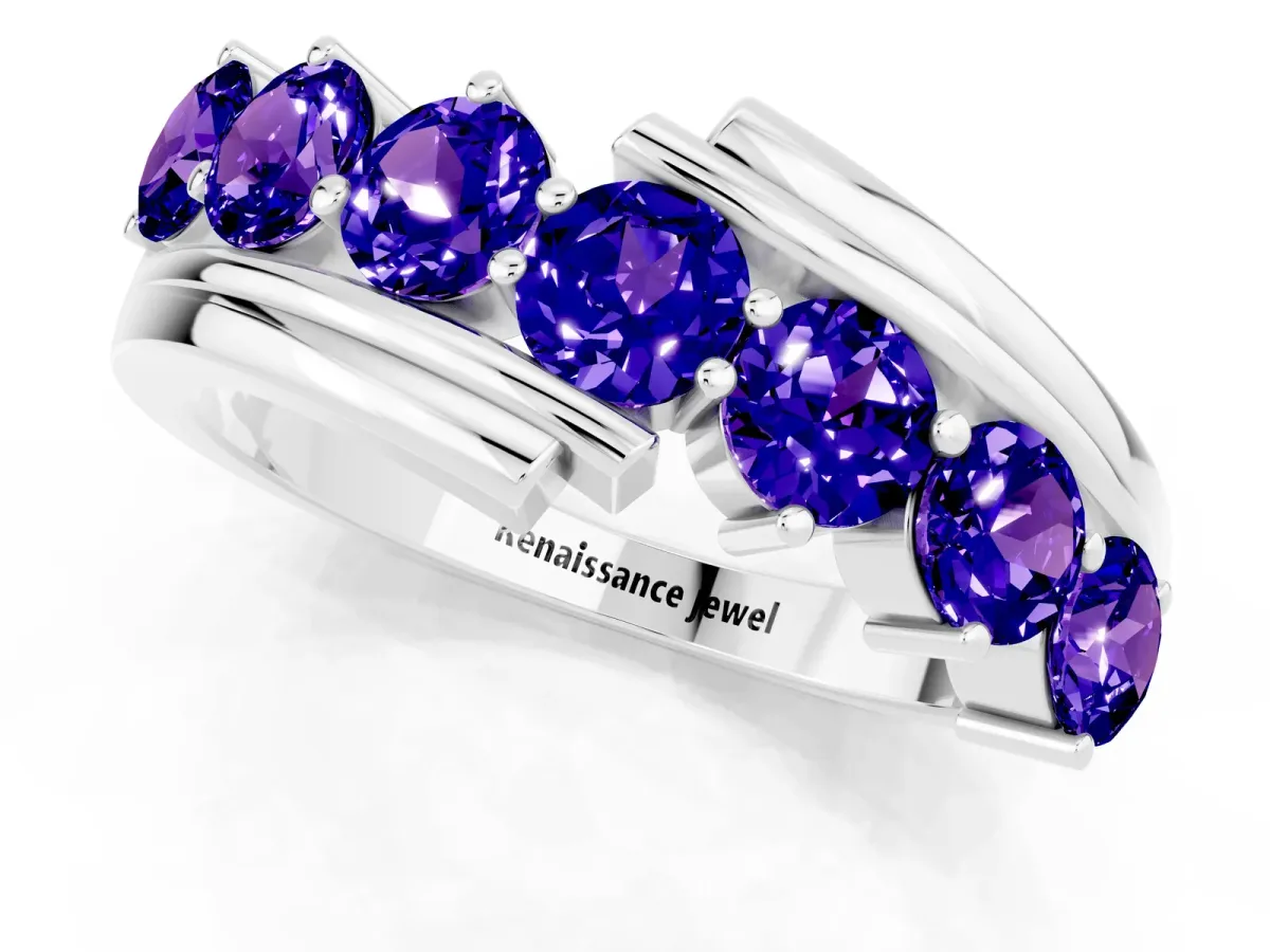 Round Tanzanite Wave Band with Channel and Shared Prong Setting White gold