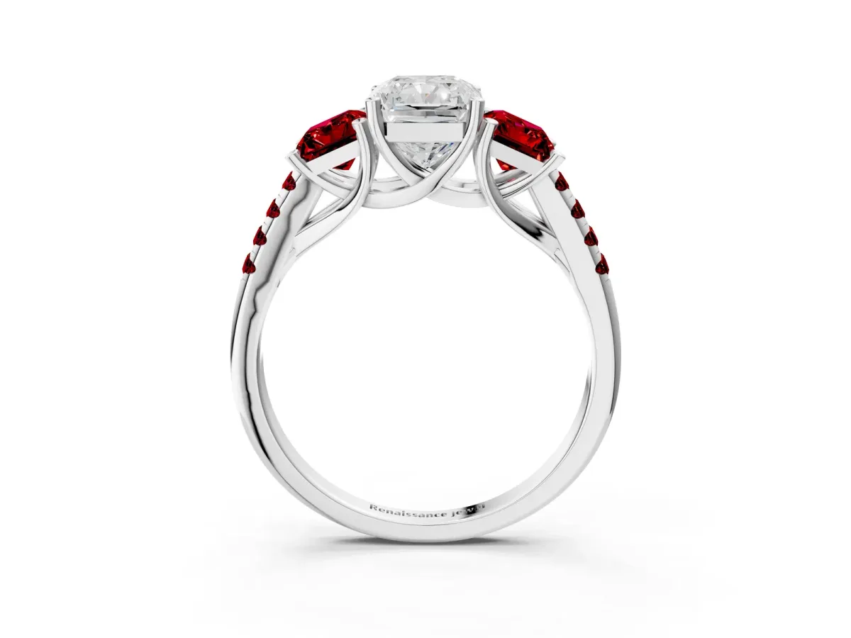 Three-Stone Radiant Cut Diamond Ring with Round Ruby Pavé Band and Prong Setting Silver