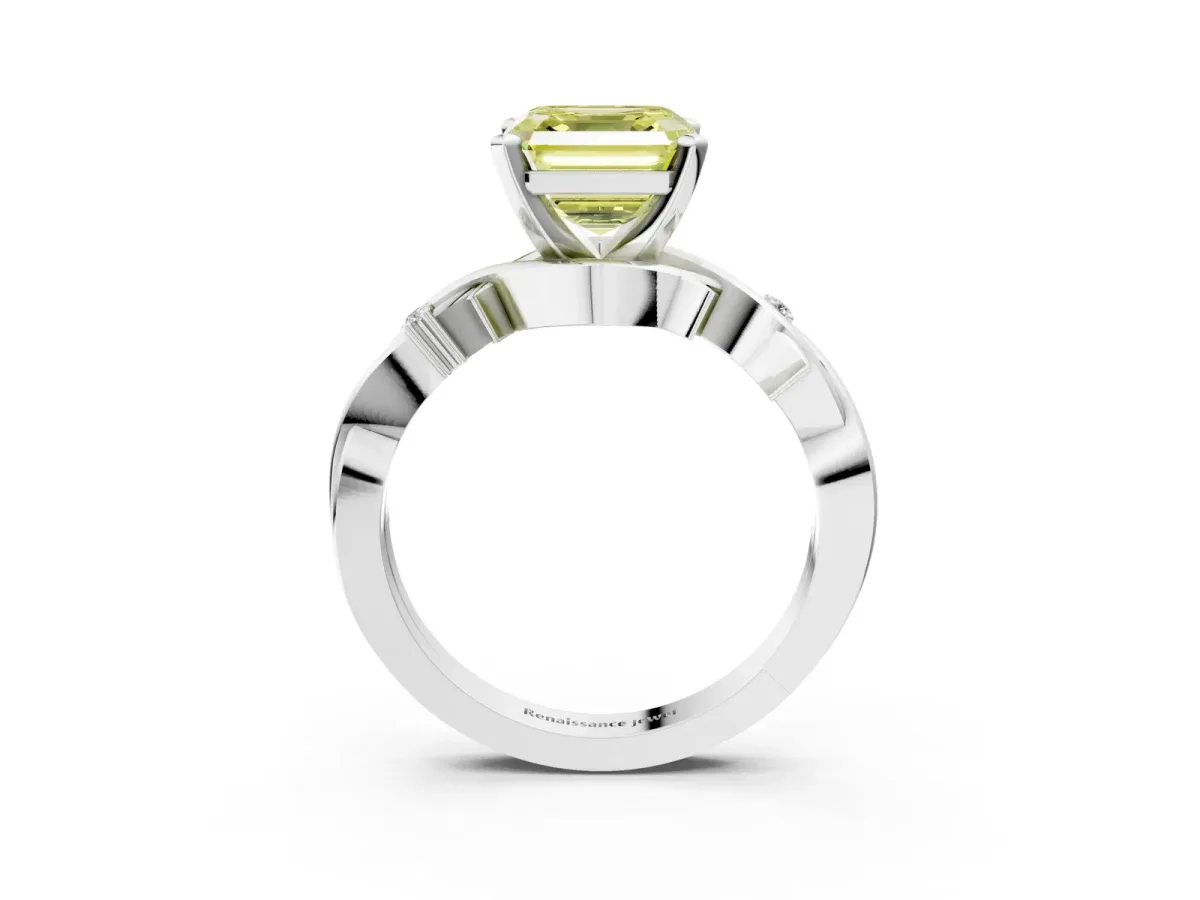 Fancy Yellow Asscher Cut Diamond Solitaire Ring with Twisted Band and Prong Setting Silver