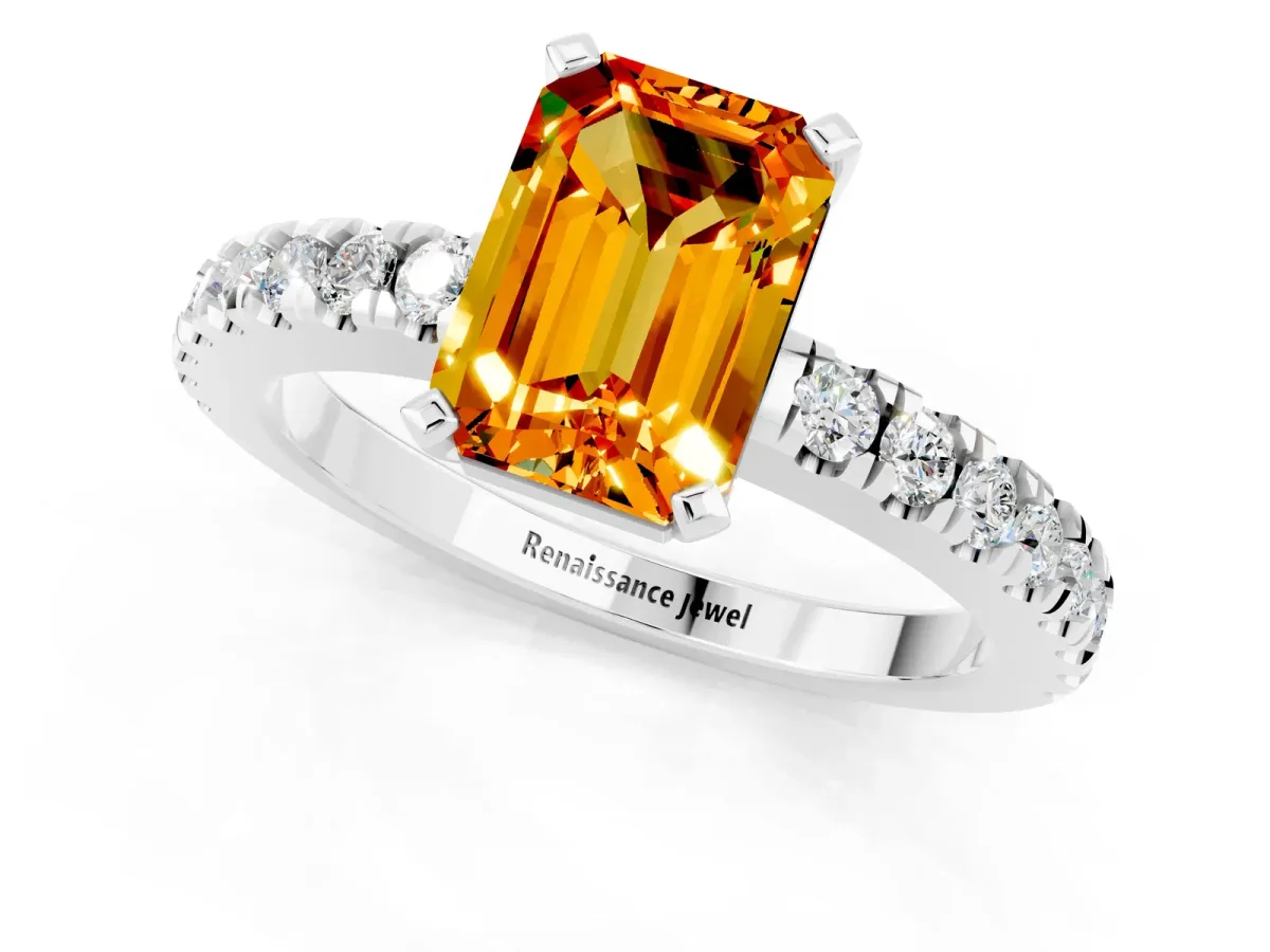 Emerald Cut Solitaire Citrine with Pavé Band and Four-Prong Setting Silver