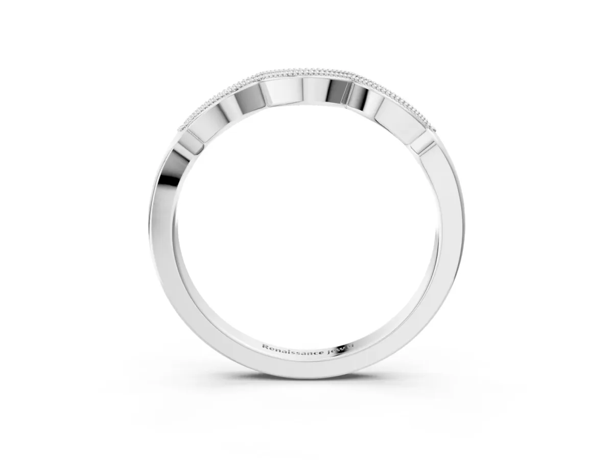 Milgrain Pavé Round Diamond Curved Band Silver