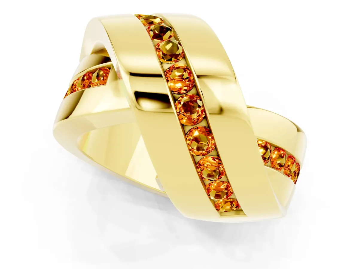 Pavé Round Citrine Crossover Band with Channel Setting Yellow gold